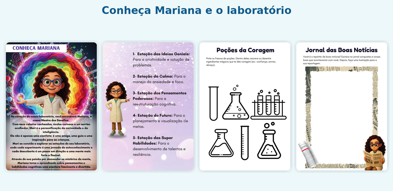 Páginas reais com Mariana, as cinco estações e atividades do laboratório