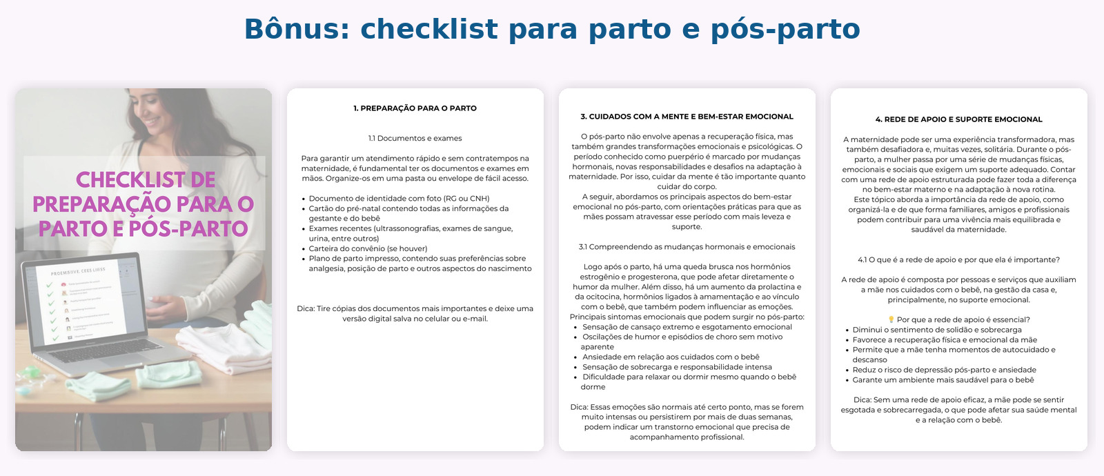 Páginas reais do bônus Checklist para Parto e Pós-Parto